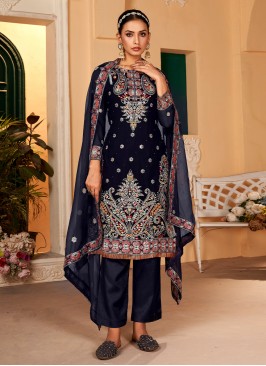 Gilded Moti Faux Georgette Navy Blue Trendy Salwar Kameez