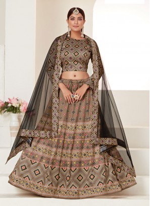 Girlish Digital Print Brown A Line Lehenga Choli