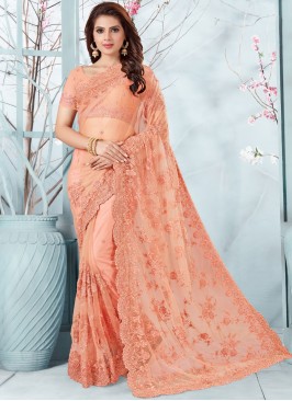 Girlish Embroidered Peach Designer Traditional Sar