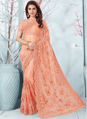 Girlish Embroidered Peach Designer Traditional Saree