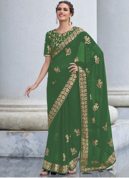 Girlish Green Sequins Shimmer Georgette Contemporary Style Saree