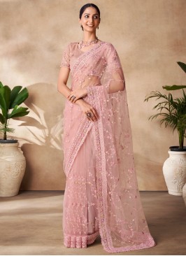 Girlish Net Peach Contemporary Saree