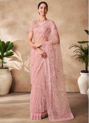 Girlish Net Peach Contemporary Saree