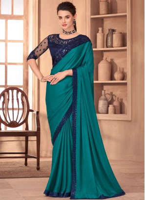 Girlish Silk Turquoise Contemporary Saree