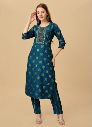 Girlish Teal Embroidered Rayon Designer Kurti