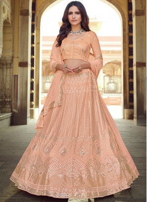 Glamorous Faux Georgette Peach Sequins Lehenga Choli