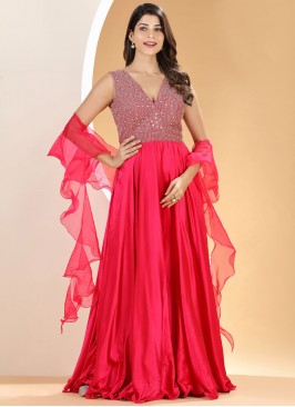 Glamorous Hot Pink Resham Organza Trendy Gown