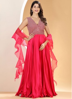 Glamorous Hot Pink Resham Organza Trendy Gown