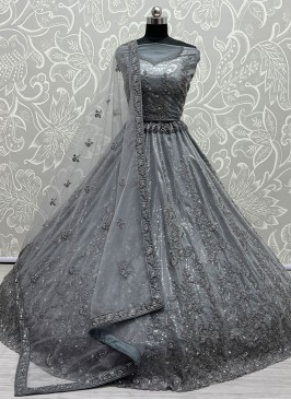 Glamorous Net Embroidered Grey A Line Lehenga Choli