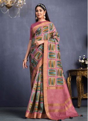 Glamorous Pink Floral Print Tussar Silk Classic Saree