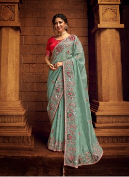 Glamorous Silk Blue Handwork Classic Saree