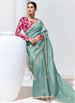 Glass Tissue Aqua Blue Traditional Saree
