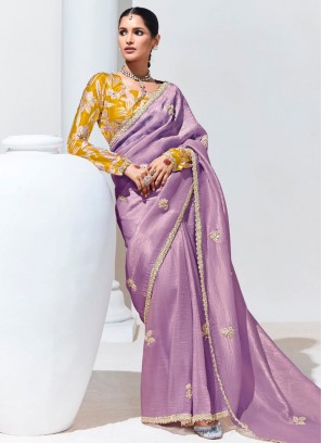 Glass Tissue Designer Saree in Lavender