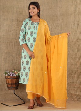 Gleaming Aqua Blue Cotton Readymade Salwar Suit