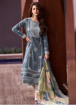 Gleaming Cotton Digital Print Grey Designer Salwar Suit