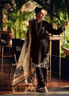 Gleaming Embroidered Muslin Black Pant Style Suit
