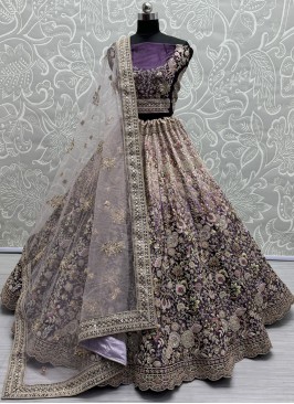 Gleaming Embroidered Velvet Purple A Line Lehenga Choli