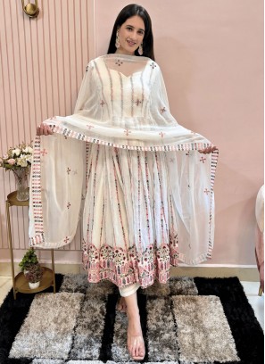 Gleaming Faux Georgette Embroidered White Trendy Salwar Kameez