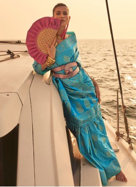 Gleaming Nylon Firozi Weaving Contemporary Style Saree