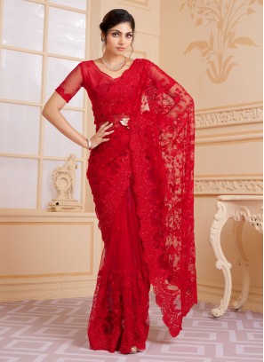 Gleaming Red Party Contemporary Saree