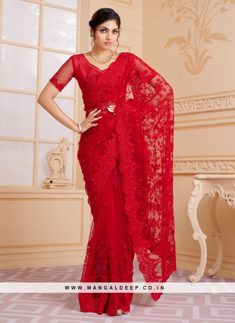 Gleaming Red Party Contemporary Saree