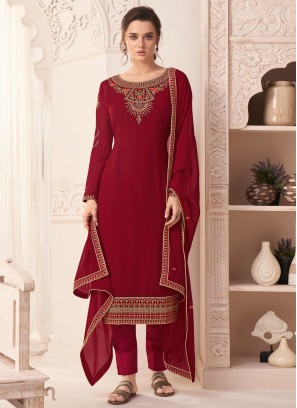 Gleaming Red Resham Faux Georgette Pant Style Suit