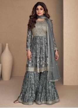 Gleaming Shamita Shetty Grey Silk Designer Salwar Kameez