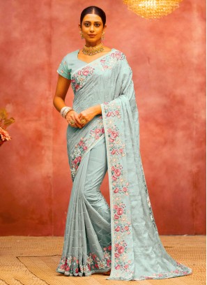 Gleaming Silk Floral Patterns Sea Green Contemporary Saree