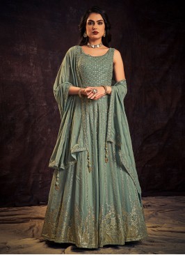 Gleaming Zari Aqua Blue Floor Length Gown