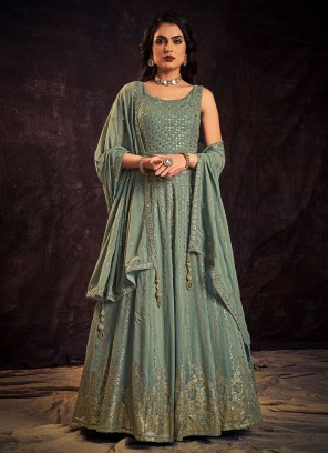 Gleaming Zari Aqua Blue Floor Length Gown