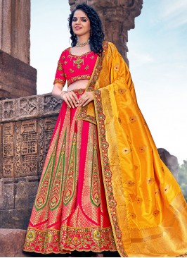 Glitzy Banarasi Silk Embroidered Pink A Line Lehenga Choli