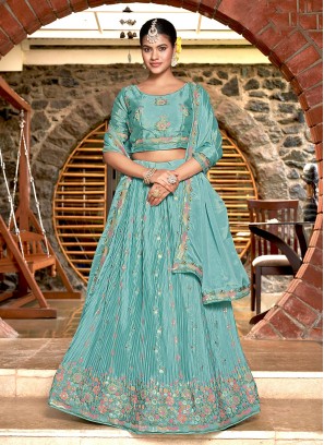 Glitzy Embroidered Aqua Blue Chinon Trendy Lehenga Choli