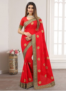 Glitzy Embroidered Red Georgette Designer Saree