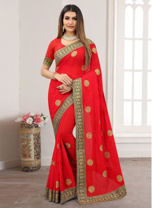 Glitzy Embroidered Red Georgette Designer Saree