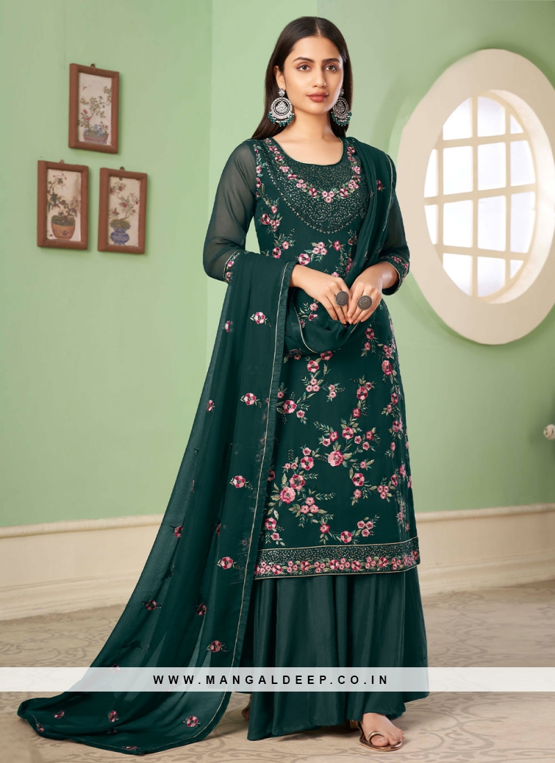 Women's heavy embroidery work Georgette Semi-stitched Dark green Salwar Suit  Straight kurta and pants - JIYA - 3650779