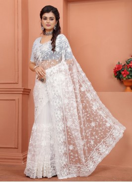 Glitzy Net Embroidered Off White Contemporary Style Saree