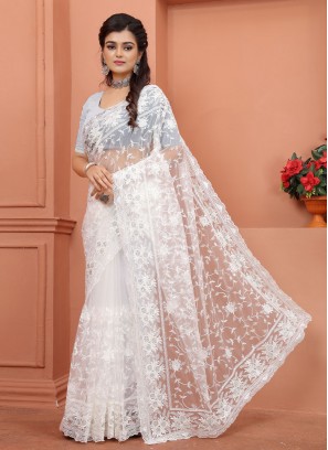 Glitzy Net Embroidered Off White Contemporary Style Saree