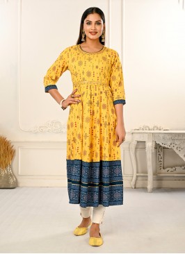 Glitzy Printed Mustard Designer Kurti