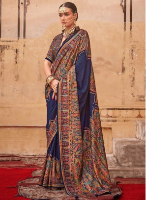 Glitzy Silk Navy Blue Paisley Print Traditional Saree