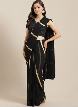 Glitzy Stripe Print Georgette Black Trendy Saree