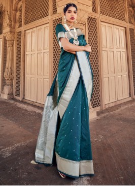 Glitzy Weaving Banarasi Silk Teal Saree