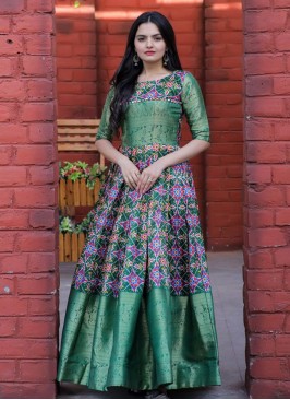 Glitzy Weaving Green Floor Length Gown