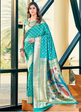 Glitzy Weaving Turquoise Silk Classic Saree