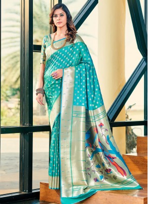 Glitzy Weaving Turquoise Silk Classic Saree