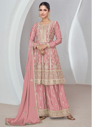 Glorious Chinon Embroidered Rose Pink Trendy Salwar Kameez