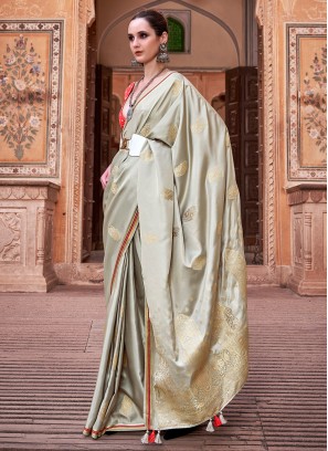 Glorious Cream Satin Classic Saree