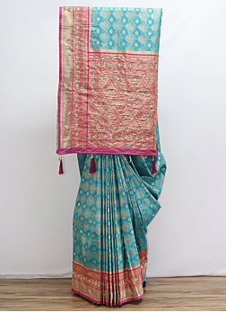 Glorious Pink And Sea Green Banarasi Silk Saree Fo