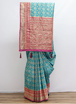Glorious Pink And Sea Green Banarasi Silk Saree For Wedding