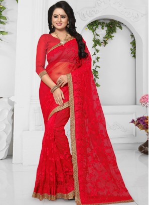 Glorious Red Net Classic Designer Saree