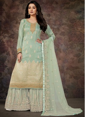 Glorious Stone Work Jacquard Blue Designer Salwar Kameez